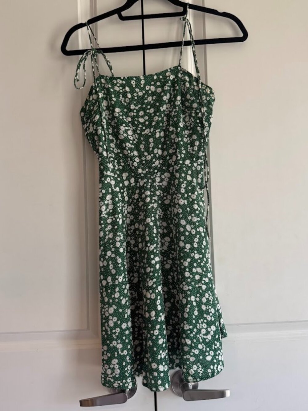 green floral mini dress, tied string sleeve